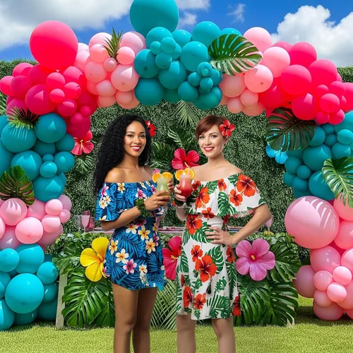 Miniatura 2 de Kit de arco de guirnalda de globos tropicales de 122 piezas con hojas de Monstera – Globos de color rosa intenso verde azulado azul para verano