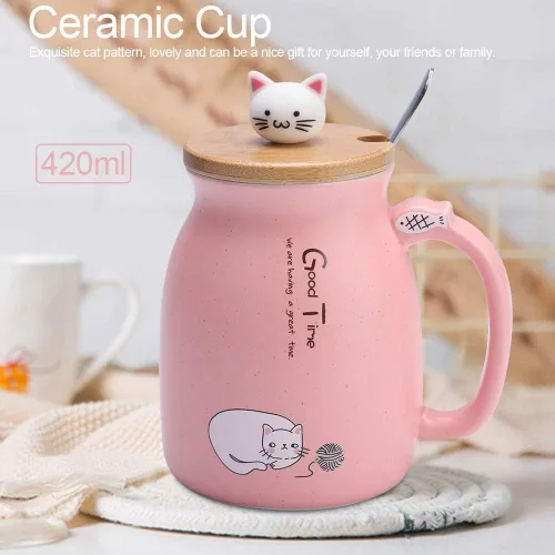 Miniatura 2 de TOPINCN Taza de cerámica con diseño de gato lindo con cuchara y tapa de madera, taza de té y agua para leche para oficina en casa (12.8 fl oz)