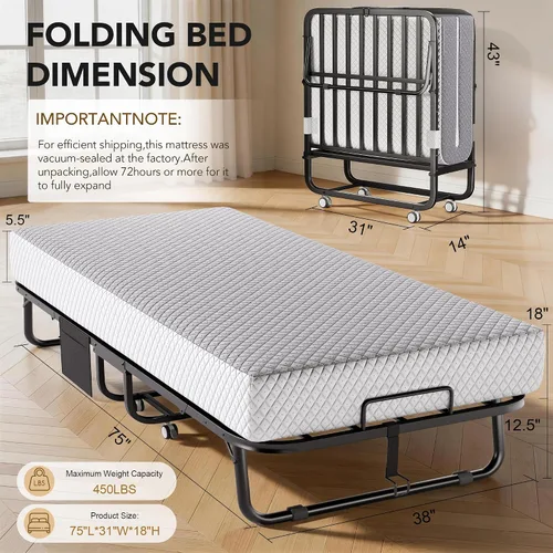 Decofy Cama plegable con colchón de espuma viscoelástica, camas portátiles plegables para huéspedes con ruedas, 75"x38" tamaño individual, cama