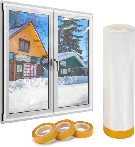 Miniatura 8 de Kit de aislamiento para ventanas, plástico para ventanas de 63 pulgadas x 33 pies para winterización, cinta de doble cara para aislamiento