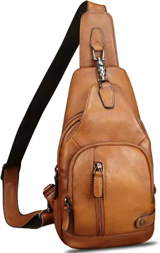 IVTG Bolso bandolera de cuero genuino para hombres y mujeres, mochila vintage para el pecho, bolso cruzado para viajes y ciclismo, Marrón, Mediana,