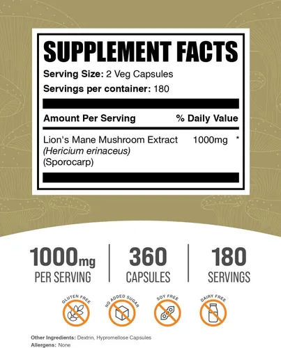 Miniatura 2 de BulkSupplements. com Cápsulas de extracto de hongo melena de león – Suplemento de hongos, suplemento cerebral para apoyo de memoria y concentración
