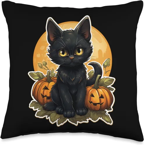 Miniatura 5 de Cat Lover Gifts & Halloween Gifts & Spooky Gifts Almohada negra de calabaza y gato de Halloween, 18 x 18, multicolor