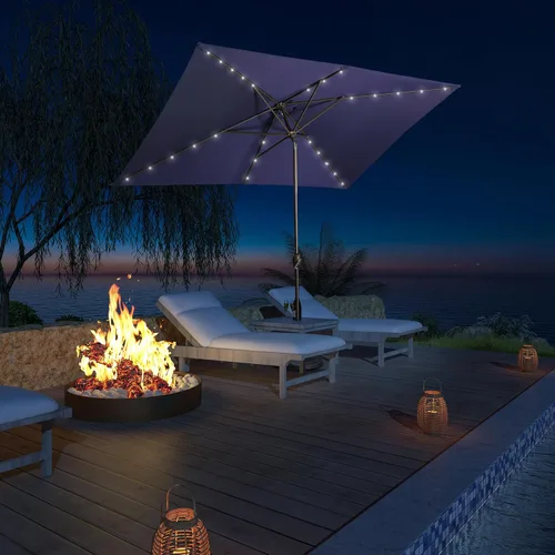 MONDAWE Paraguas rectangular de mercado con luces LED solares de 10 x 6.5 pies para exteriores, sombrilla de patio con manivela, sombrilla de mesa