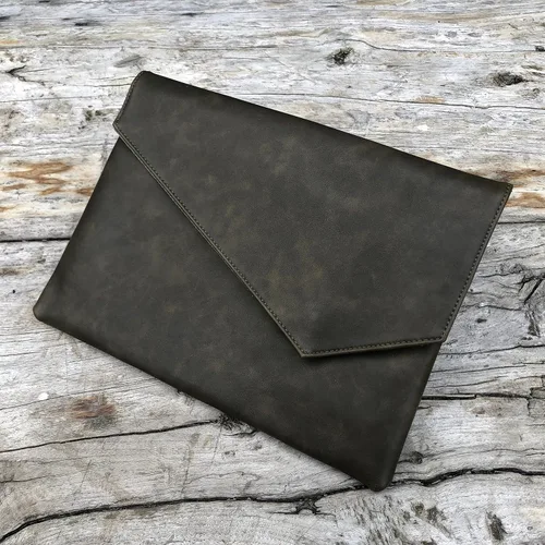 Miniatura 8 de Vintage pu cuero 13.5 "negocios embrague sobre bolsa documentos certificado portátil manga caso oficina carpeta de archivo, Verde militar