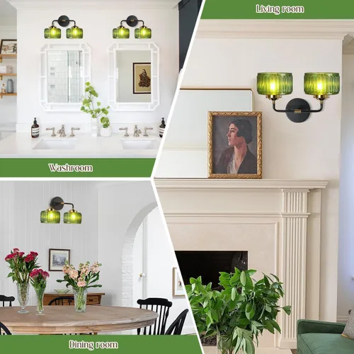 Miniatura 7 de Lámparas de baño de mediados de siglo, aplique de pared de 2 luces con pantalla de vidrio con rayas verdes, luz de montaje en pared, luces modernas