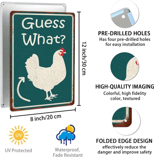 Miniatura 2 de Adivina Qué Divertido Gallinero Cartel de Hojalata, Póster de Trasero de Pollo, Arte de Pared de Cocina de Granja, Accesorios de Gallinero