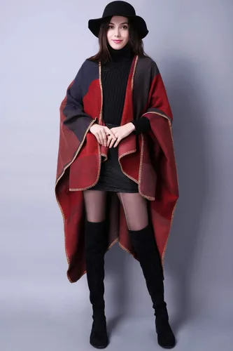 Miniatura 3 de Chal de punto para mujer, a cuadros, con parte delantera abierta, tipo poncho, tipo capa envolvente