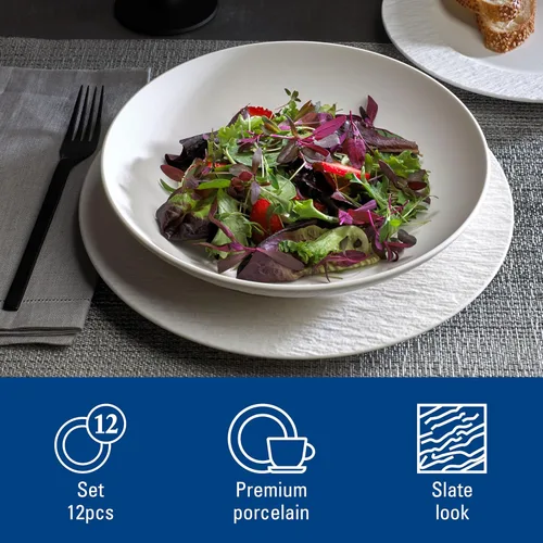 Miniatura 2 de Villeroy & Boch Manufacture Rock Blanc - Juego de vajilla de 12 piezas, servicio para 4, platos llanos, platos de ensalada y cuencos para pasta