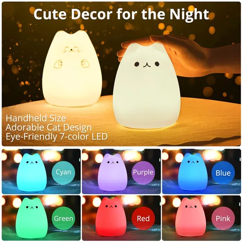 Miniatura 2 de Lámpara LED de mesilla de noche con forma de gato, multicolor silicona suave para habitación del bebé, control, blanco cálido y 7 modos de luz