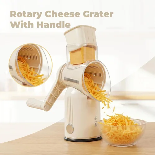 Miniatura 2 de Rallador giratorio de queso, manivela de mano con cuchillas intercambiables 5 en 1 y base de succión fuerte, trituradora de verduras, rebanadora