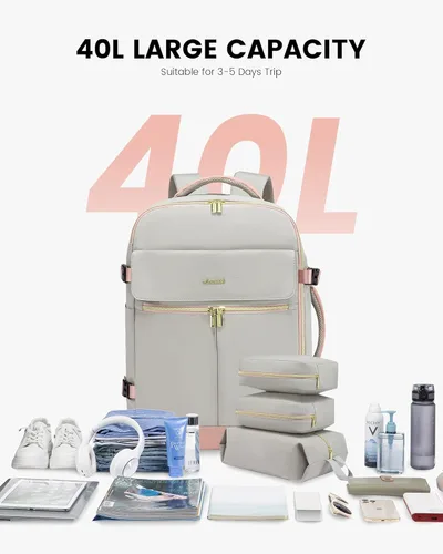 Miniatura 4 de LOVEVOOK: mochila de mano, mochila de viaje de 40L para mujer con 3 cubos de embalaje, rosa gris