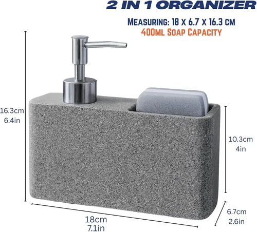 Miniatura 2 de Havara - Dispensador de jabón para platos de resina de granito con soporte para esponja, gris piedra Kitchen Soap Dispenser & Sink Organizer for