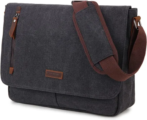 Miniatura 9 de VX VONXURY Bolsa de mensajero para hombre, piel sintética de 14 pulgadas, maletín para laptop para trabajo y escuela, café, Piel sintética negra