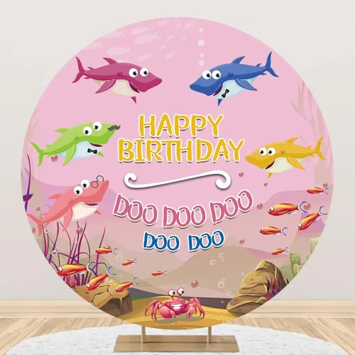 Renaiss Fondo redondo de cumpleaños de tiburón rosa de 3 x 3 pies, diseño de peces cangrejo, tiburones de cangrejo, Doo, fondo de fotografía, fondo