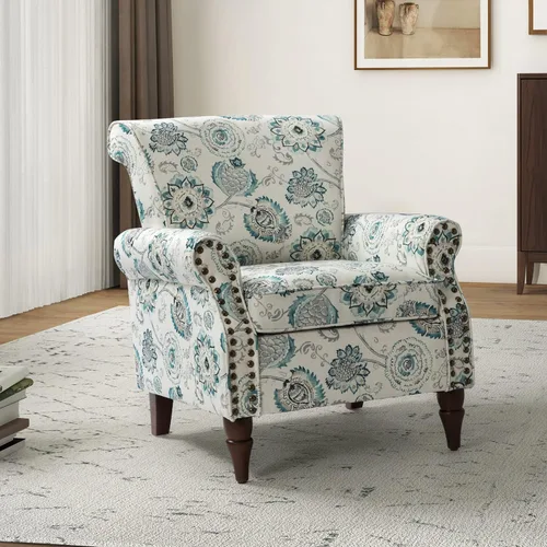 HULALA HOME Silla moderna con respaldo de alas con patas de madera y cojín extraíble, cómodo sillón tapizado con ribete de cabeza de clavo, sofá