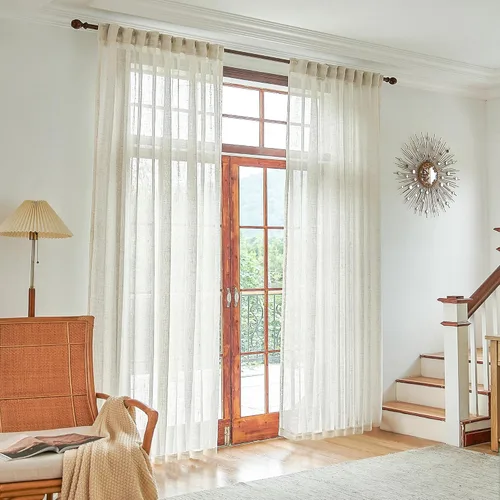 Miniatura 8 de Cortinas de lino transparente color crema de 96 pulgadas de largo para sala de estar, 2 paneles con bolsillo con pestaña trasera, suaves, naturales