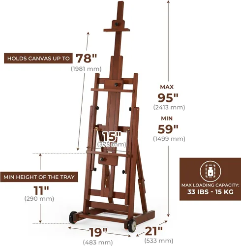 Miniatura 3 de VISWIN Caballete de estudio con marco en H, inclinado plano y ajustable, caballete de arte de madera de haya para pintar, caballete grande móvil