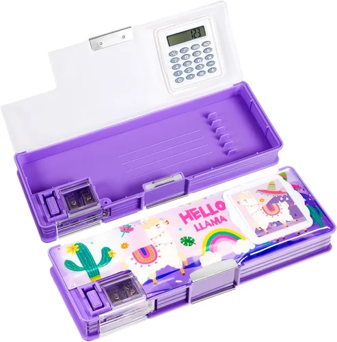 Henoyso Caja de lápices multifuncional para niñas, estuche de alpaca con calculadora y sacapuntas, estuche lindo y genial, suministros escolares,