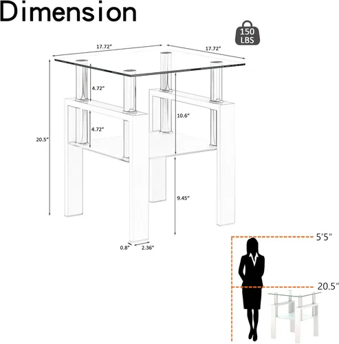 Miniatura 2 de Mesa auxiliar pequeña de cristal, mesa auxiliar blanca de 2 niveles con patas de metal, mesa auxiliar cuadrada, elegante y resistente para espacios