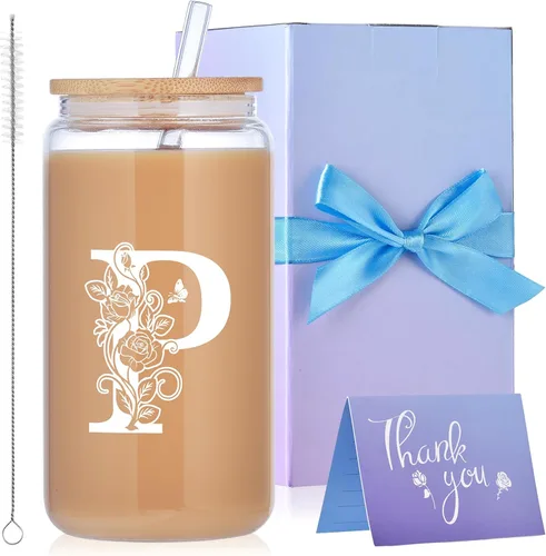 Miniatura 18 de Vasos de vidrio con iniciales con tapas y pajitas, regalos con monograma para mujeres, vaso de vidrio de cerveza de 16 onzas, taza de café helado