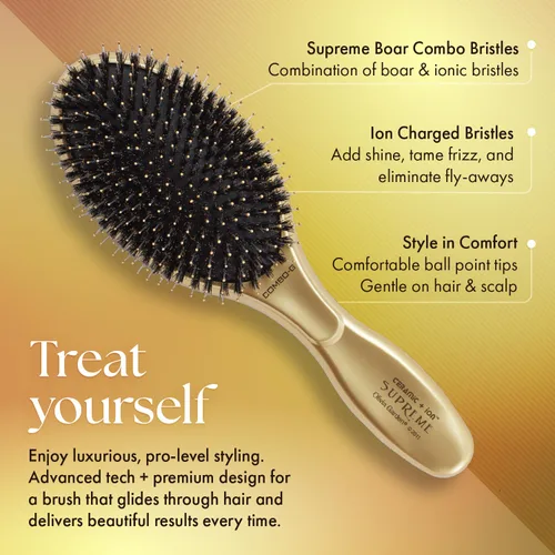 Miniatura 4 de Olivia Garden Cerámica + Ion Supreme Styler Cushion Paddle Brush - Jabalí e iónico para brillo, control del encrespamiento y cabello más suave Dorado