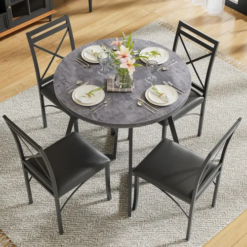 Miniatura 2 de VECELO Mesa de comedor redonda de 35 pulgadas para 4, superficie de grano de madera y marco de acero resistente, para cocina, sala de estar, fácil