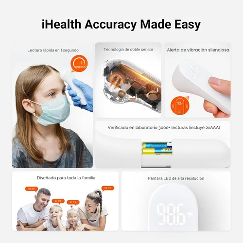 Miniatura 6 de iHealth Termómetro digital sin contacto para la frente para adultos, bebés, niños, 3 sensores ultra sensibles, retroalimentación de vibración Negro