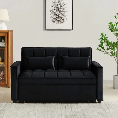 Miniatura 4 de Sofá cama biplaza de terciopelo convertible y moderno con cama desplegable, respaldo ajustable y 2 almohadas lumbares, para espacios pequeños