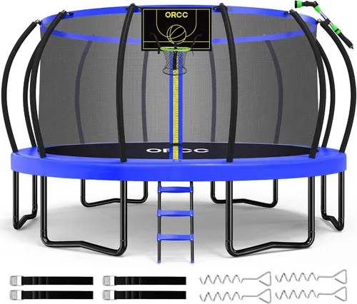 ORCC Trampolín para niños de 16, 15, 14, 12, 10, 8 pies, capacidad de peso de 1300 libras, con aro de baloncesto, rociador de agua, estacas de suelo