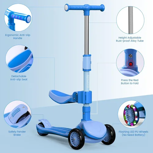 Miniatura 8 de Patinete ajustable 2 en 1 para niños de 3 a 5 años (adecuado de 3 a 12 años), manillar de 5 niveles y asiento extraíble, ruedas con luces LED