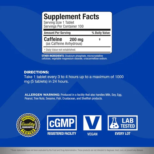 Miniatura 2 de ALLMAX Cafeína - 100 Tabletas - Aumenta el estado de alerta mental, la concentración y la energía - Vegano - 100 porciones