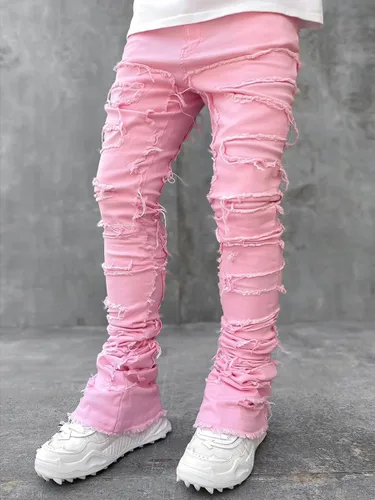 Miniatura 2 de Jeans apilados para hombre, ajustados, rasgados, elásticos, desgastados, rectos, pantalones de mezclilla hip hop, ropa de calle