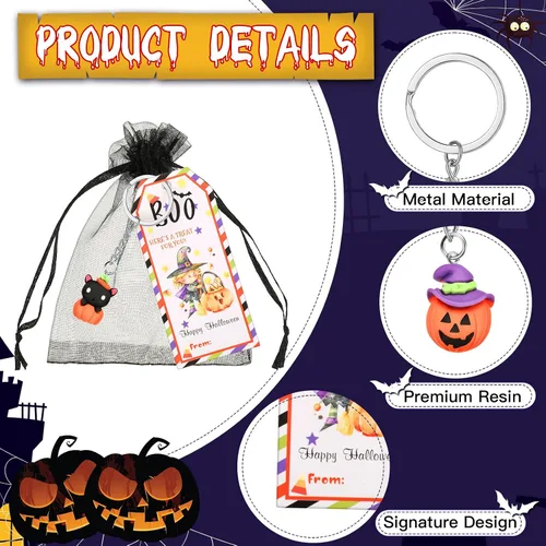 Miniatura 3 de Huquary 72 piezas de regalos de Halloween, juego de 24 regalos de Halloween para estudiantes, 24 llaveros de Halloween, llavero de calabaza