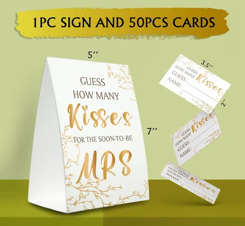 Miniatura 2 de Kit de tarjetas de juego de despedida de soltera (1 letrero de pie + 50 tarjetas de adivinanzas), dorado, Adivina cuántos besos para la fiesta