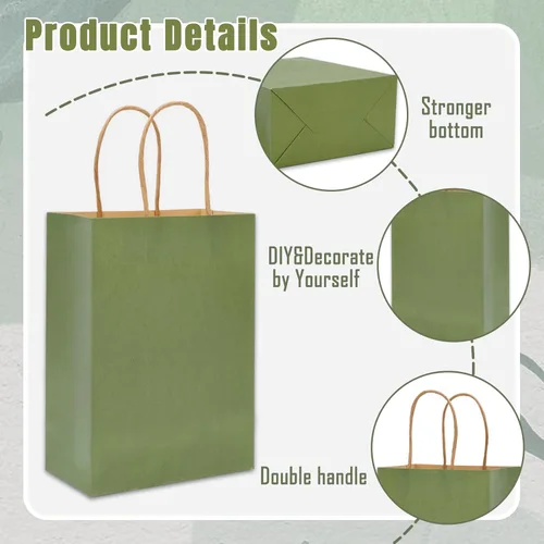 Miniatura 3 de Whaline 16 bolsas de papel kraft verde salvia con asas, 20 piezas de papel de seda de eucalipto, bolsa de golosinas a granel para baby shower