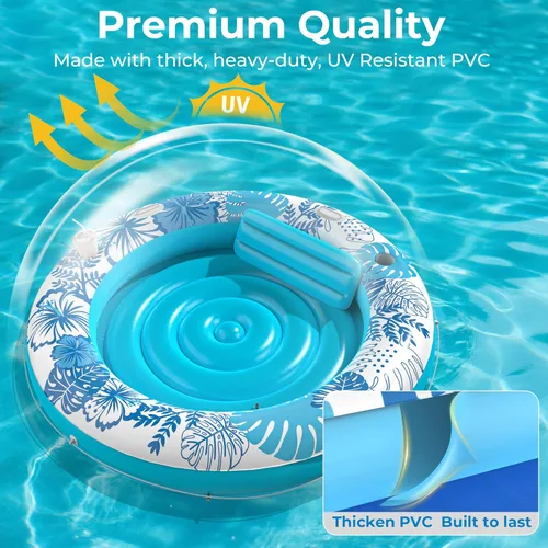 Miniatura 6 de Inflatable Tanning Pool Lounger Float with Protection Tarp, 75" x 75" Pool Floats Adult with Pillow, 6 in 1 Suntan Tub Raft Floatie, Sunbathing Azul