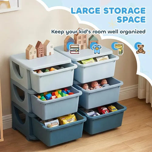 Miniatura 4 de Qaba Unidad de almacenamiento de 3 niveles para niños, organizadores de juguetes y almacenamiento con 6 cajones para dormitorio de niños, guardería