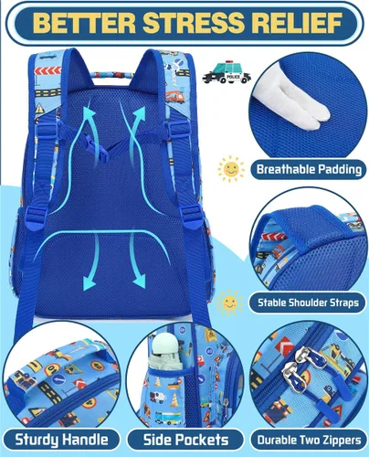 Miniatura 2 de Mochila para niños y niñas, bonita mochila ligera para preescolar, jardín de infantes, primaria, escuela primaria, Carros azules, 12L(Para Niños 5-8