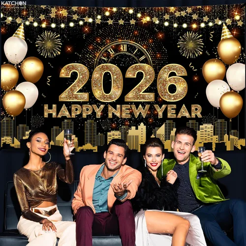 Miniatura 6 de Katchon, Xtralarge - Cartel de feliz año nuevo – 72 x 44 pulgadas Cartel dorado de feliz año nuevo 2026 para decoraciones de Año Nuevo 2026