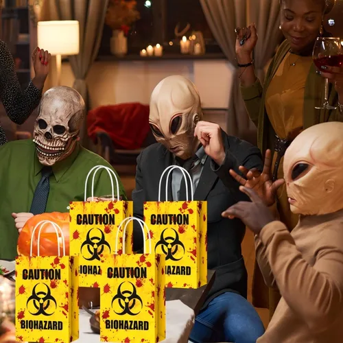 Miniatura 7 de TaoBary 24 bolsas de regalo de Halloween de peligro biológico de Halloween, bolsas de regalo de papel con asas, temática de zombies, recuerdos