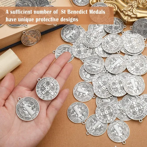 Miniatura 3 de Tudomro Medallas de San Benito 1.38 x 1.22 pulgadas, dije de metal de San Benito, tono plateado, protección contra el mal, regalo de Navidad