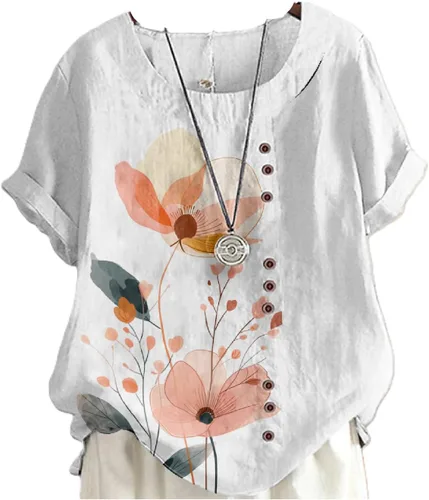 Miniatura 19 de domirica Camisetas de verano para mujer 2024 con estampado de flores, algodón, lino, manga corta, cuello redondo, camisas casuales de moda