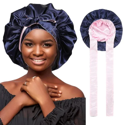 Miniatura 8 de AWAYTR Gorro de satén de seda para dormir para mujeres con cabello rizado, gorro de dormir reversible de doble capa con banda de amarre (azul) 7