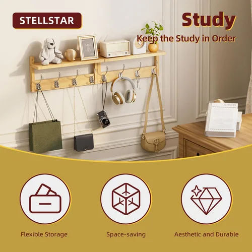 Miniatura 5 de STELLSTAR Perchero con estante, paquete de 2 colgadores de pared de bambú con 8 ganchos para entrada, pasillo, cocina, baño, sala de estar, cuarto