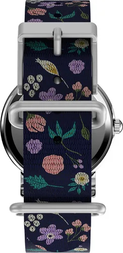 Miniatura 3 de Timex Reloj de pulsera para mujer Peanuts Weekender casual con Snoopy y Woodstock en un motivo floral estuche plateado con correa de tela azul