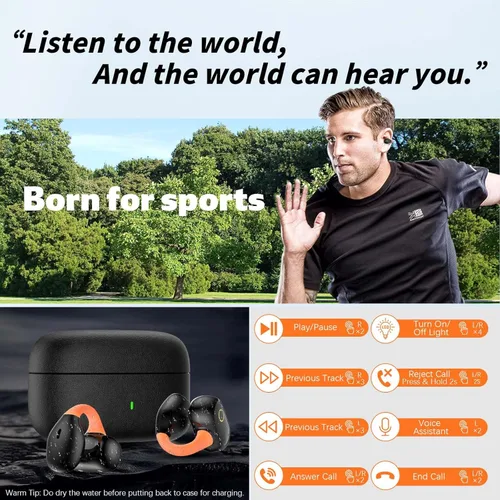 Miniatura 5 de Auriculares inalámbricos de oído abierto Clip seguro Auriculares deportivos conducción ósea Correr Auriculares Bluetooth Gaming Auriculares