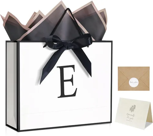 Miniatura 19 de QLSKO - Bolsa de regalo con monograma personalizada, bolsa de papel con inicial personalizada con tarjeta, sobre a juego, cinta con lazo y papel