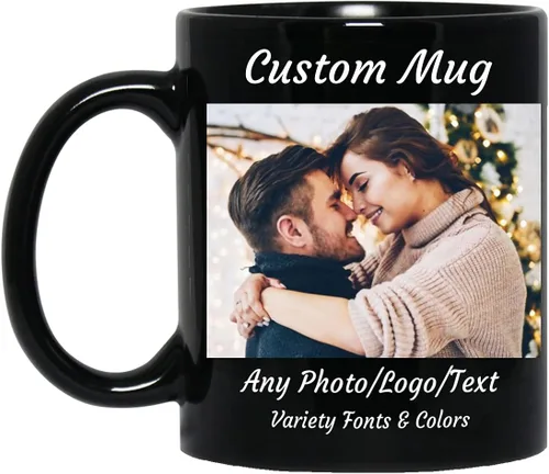 Taza de café personalizada, taza de café personalizada, taza de cerámica negra de 11 onzas con texto o logotipo, regalo personalizado de doble cara