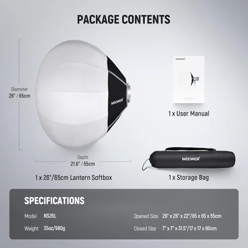 Miniatura 8 de NEEWER Caja de luz de linterna de 26 "/65 cm, difusor de luz de liberación rápida 360° Bowens Mount Softbox con aleación de nailon ligero para RGB